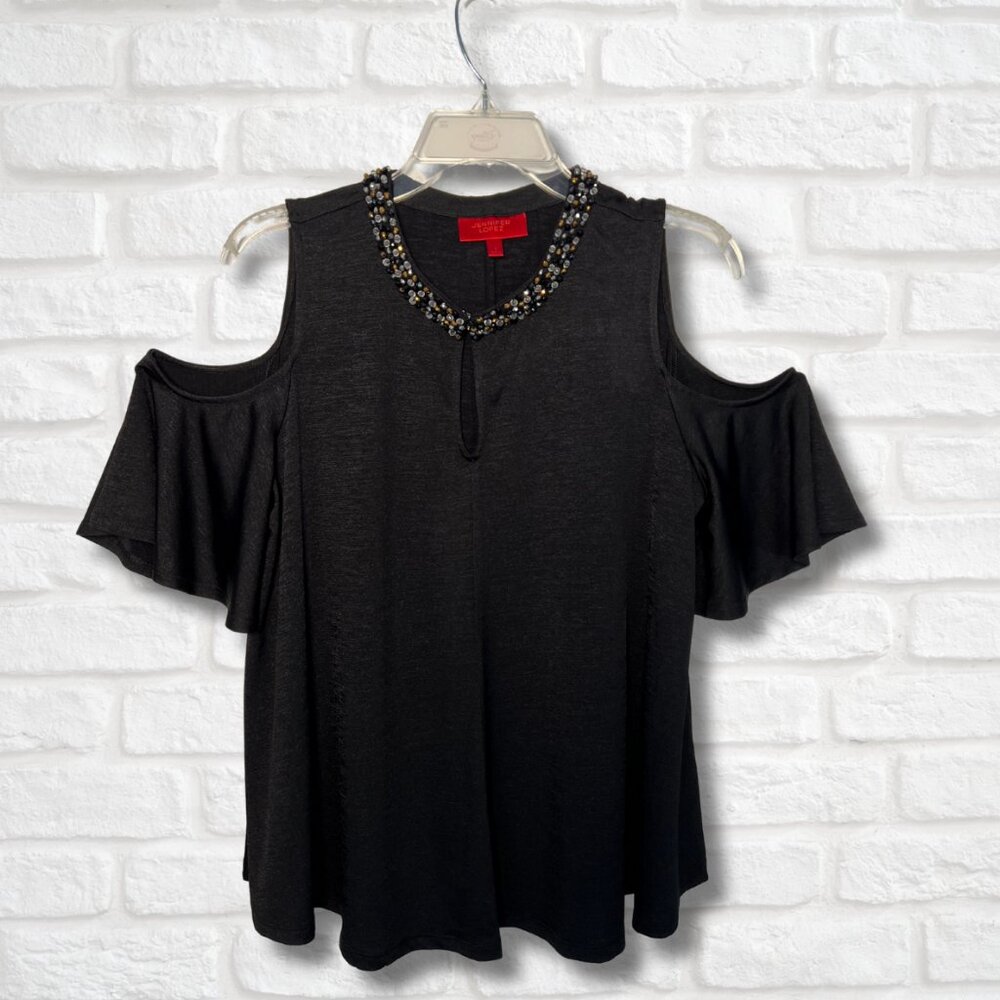 Beaded Swing Cold Shoulder Top